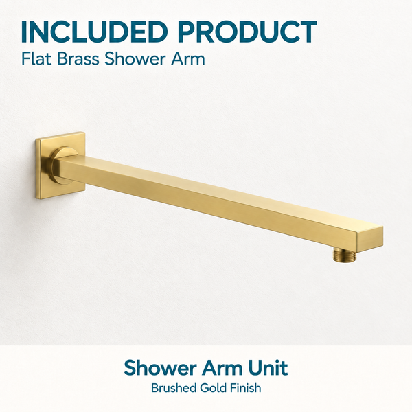 Serveo By Bassino 16-Inch Brush Gold Flat Brass Shower Arm | 400 mm Wall-Mounted Arm for Overhead Rain Showers