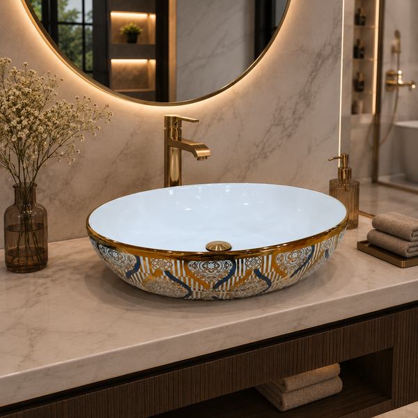 Premium Ceramic Designer Table Top Wash Basin, Refined Finish (20 × 14.5 × 5.5 In) OUTSIDE PATTERN-2