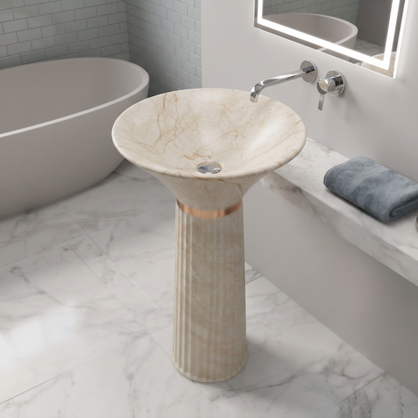 Ceramic Pedestal Wash Basin | Beige-Ivory Mix Marble | Matte | 17x17x32 Inch