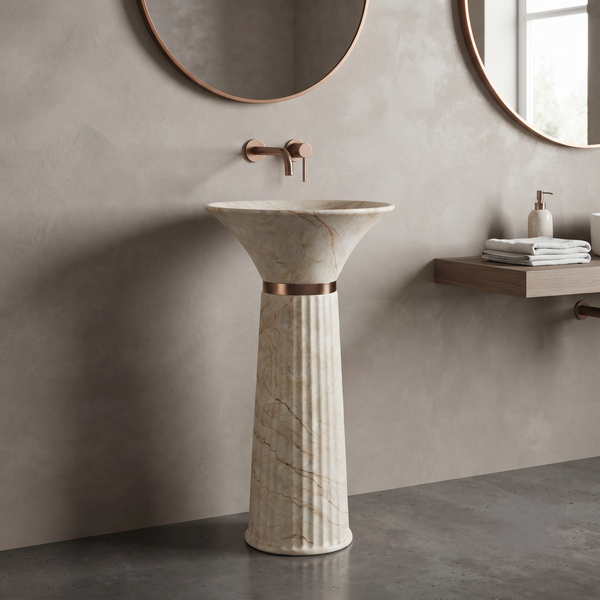 Ceramic Pedestal Wash Basin | Beige-Ivory Mix Marble | Matte | 17x17x32 Inch
