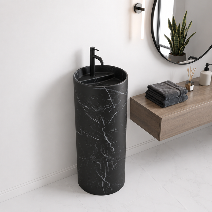 Ceramic Pedestal Wash Basin With Tap-Hole | Black