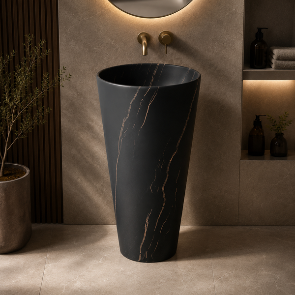 Ceramic Pedestal Wash Basin | Black Mix Marble | Matte | 18x18x33 Inch