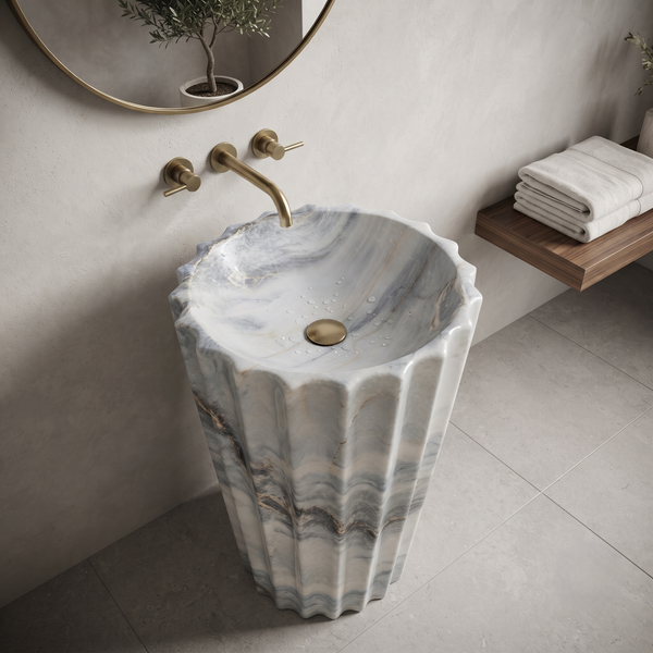 Premium Ceramic Fluted Pedestal Wash Basin 19x19x33 Inches | Glossy Blue Marble