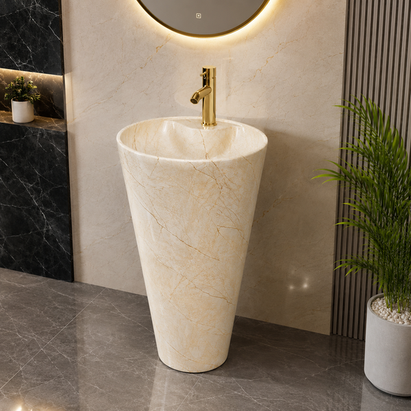 Ceramic Pedestal Wash Basin With Tap-Hole | Ivory-Beige Mix Marble | Matte | 18x18x33 Inch (Copy)
