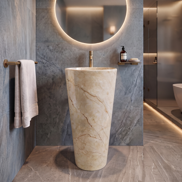 Ceramic Pedestal Wash Basin With Tap-Hole | Ivory-Beige Mix Marble | Matte | 18x18x33 Inch (Copy)