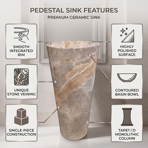 Ceramic Pedestal Wash Basin With Tap-Hole | Brown & Gray | Glossy | 15x15x32 Inch