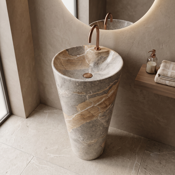 Ceramic Pedestal Wash Basin With Tap-Hole | Brown & Gray | Glossy | 15x15x32 Inch