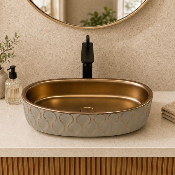 Premium Designer Ceramic Table Top Wash Basin, Dark Khakhi-Rose Gold Matt (20 x 12.5 x 5.5 In) ZXTT/761
