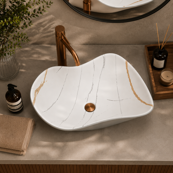 Premium Designer Ceramic Table Top Wash Basin, Matt Marble Finish (20 x 16 x 6.5 In) Grey