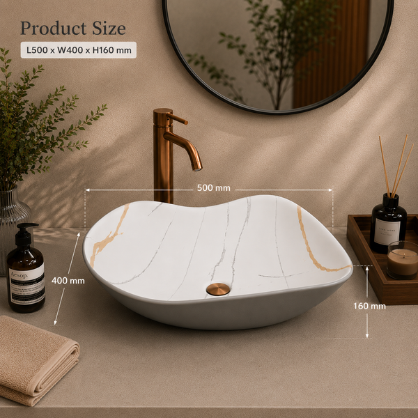 Premium Designer Ceramic Table Top Wash Basin, Matt Marble Finish (20 x 16 x 6.5 In) Grey