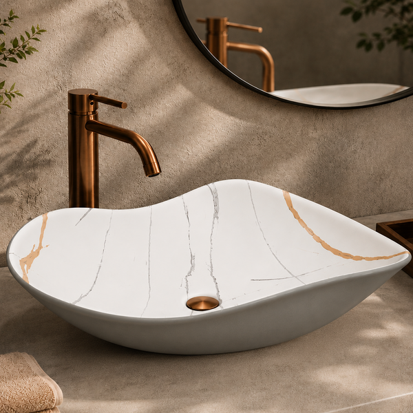 Premium Designer Ceramic Table Top Wash Basin, Matt Marble Finish (20 x 16 x 6.5 In) Grey