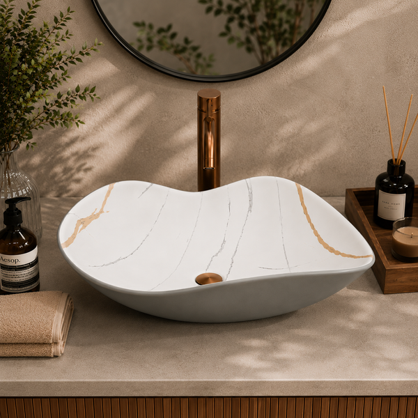 Premium Designer Ceramic Table Top Wash Basin, Matt Marble Finish (20 x 16 x 6.5 In) Grey