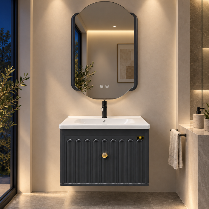 Charcoal grey 24 inch wall mounted bathroom vanity set with fluted storage cabinet, gold knob, glossy white ceramic basin and designer LED mirror, featuring modern luxury bathroom styling.