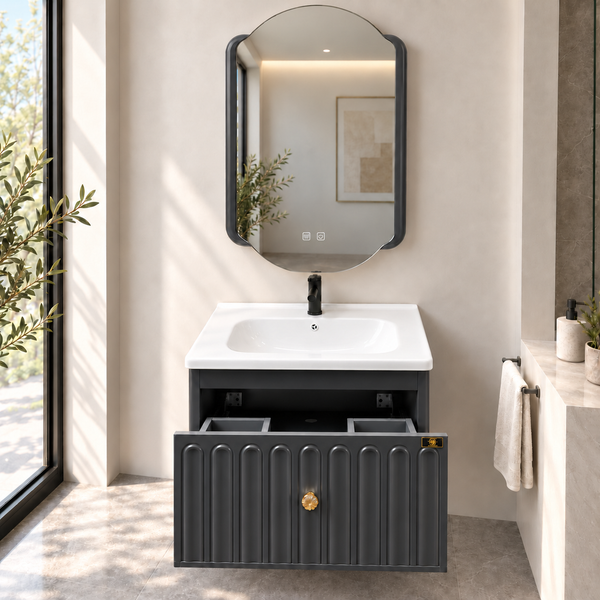 Charcoal Grey Wall Mounted Bathroom Vanity Set with Ceramic Basin & Designer LED Mirror – 24 Inch