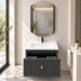 Charcoal grey 24 inch wall mounted bathroom vanity set with fluted storage cabinet, gold knob, glossy white ceramic basin and designer LED mirror, featuring modern luxury bathroom styling.