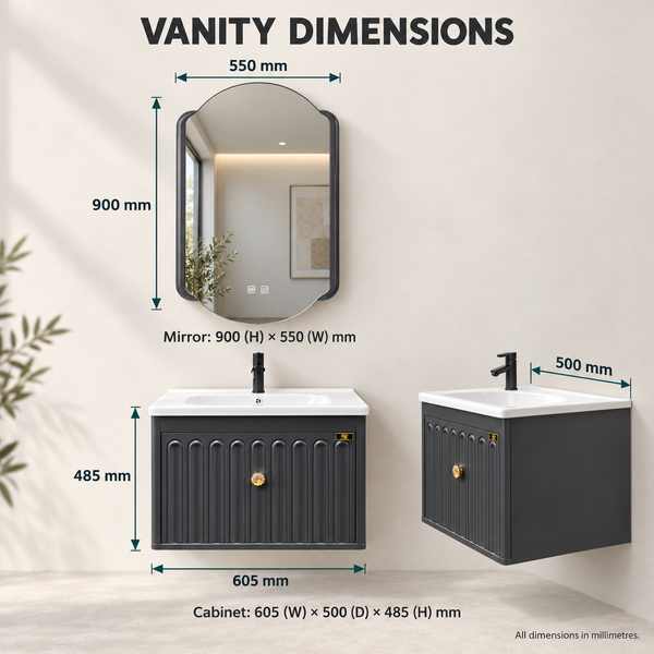 Charcoal Grey Wall Mounted Bathroom Vanity Set with Ceramic Basin & Designer LED Mirror – 24 Inch