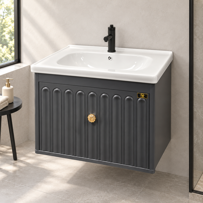 Charcoal grey 24 inch wall mounted bathroom vanity set with fluted storage cabinet, gold knob, glossy white ceramic basin and designer LED mirror, featuring modern luxury bathroom styling.