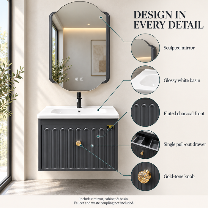 Charcoal grey 24 inch wall mounted bathroom vanity set with fluted storage cabinet, gold knob, glossy white ceramic basin and designer LED mirror, featuring modern luxury bathroom styling.