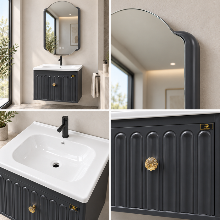 Charcoal grey 24 inch wall mounted bathroom vanity set with fluted storage cabinet, gold knob, glossy white ceramic basin and designer LED mirror, featuring modern luxury bathroom styling.
