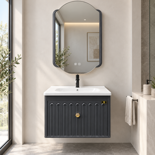 Charcoal Grey Wall Mounted Bathroom Vanity Set with Ceramic Basin & Designer LED Mirror – 24 Inch