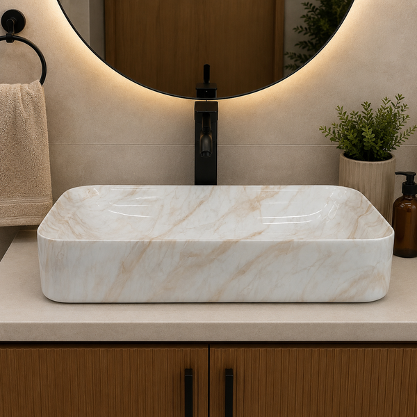 White Marble Finish Ceramic Table Top Wash Basin – 30 × 16 × 6 Inch | Glossy Countertop Basin