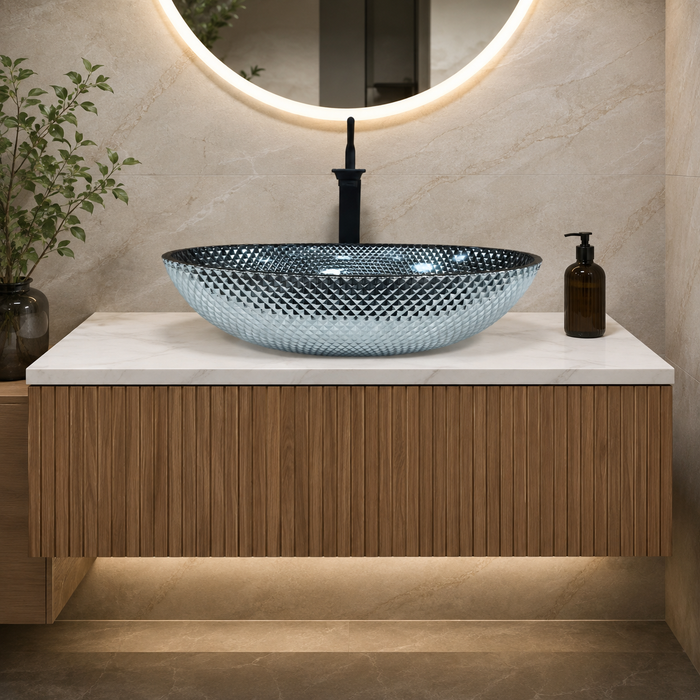 Smoky Black Textured Glass Table Top Wash Basin – 17 × 13 × 5 Inch Oval Countertop Basin for Modern Luxury Bathroom