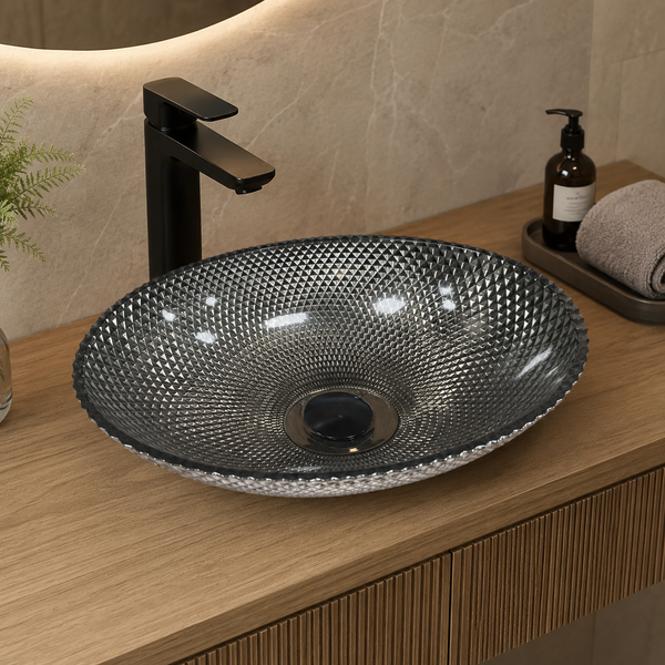 Smoky Black Textured Glass Table Top Wash Basin – 17 × 13 × 5 Inch Oval Countertop Basin for Modern Luxury Bathroom
