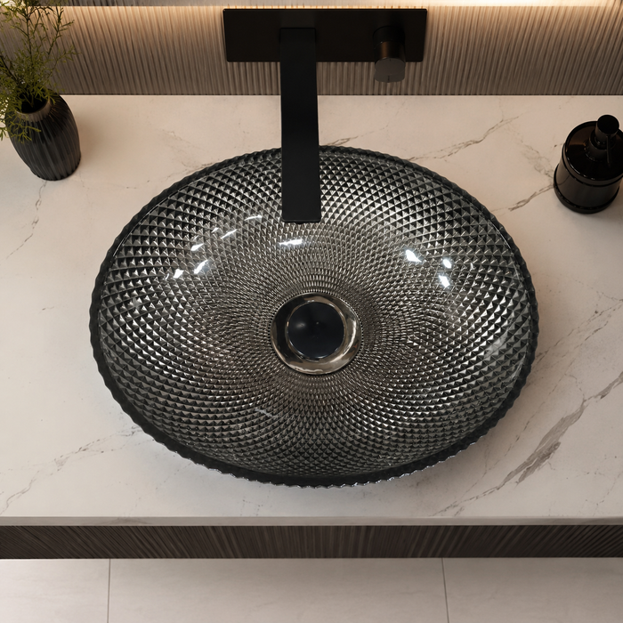 Smoky Black Textured Glass Table Top Wash Basin – 17 × 13 × 5 Inch Oval Countertop Basin for Modern Luxury Bathroom
