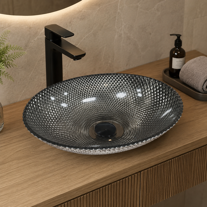 Smoky Black Textured Glass Table Top Wash Basin – 17 × 13 × 5 Inch Oval Countertop Basin for Modern Luxury Bathroom