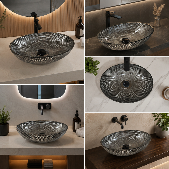 Smoky Black Textured Glass Table Top Wash Basin – 17 × 13 × 5 Inch Oval Countertop Basin for Modern Luxury Bathroom