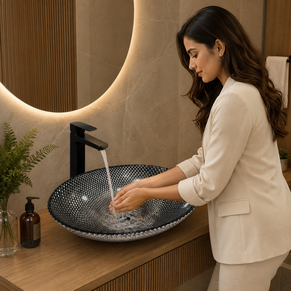Smoky Black Textured Glass Table Top Wash Basin – 17 × 13 × 5 Inch Oval Countertop Basin for Modern Luxury Bathroom