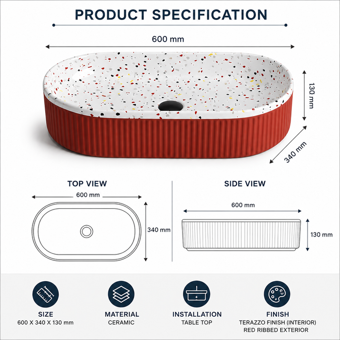 Modern Terrazzo Finish Oval Table Top Wash Basin – Red Ribbed Ceramic | 24× 14× 5.2 Inch
