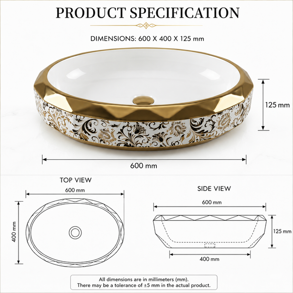 Luxury Rose Gold & White Floral Oval Ceramic Table Top Wash Basin – 24 ×16 ×5 Inch