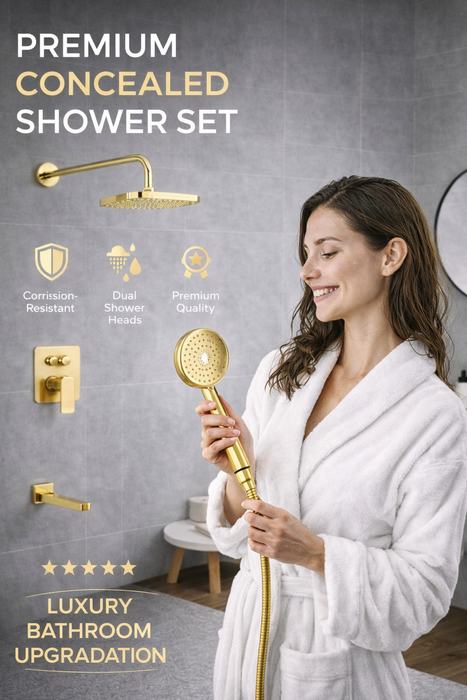 BASSINO PYRO Concealed Shower Set – 3 Way Diverter with Overhead, Hand Shower & Spout | 3 Years Warranty Gold