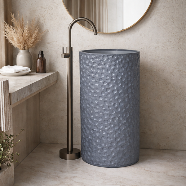 Matt Grey Textured Pedestal Basin | Modern Artificial Stone Freestanding Wash Basin 17.5″ × 17.5″ × 34″ In