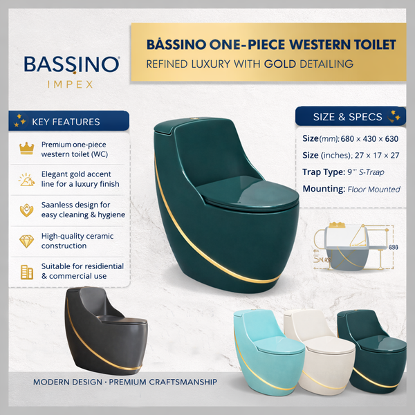 Luxury One-Piece Western Toilet with Gold Line | Designer Floor Mounted WC | Approx. 27 × 17 × 27 Inches Grey