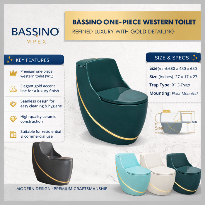 Luxury One-Piece Western Toilet with Gold Line | Designer Floor Mounted WC | Approx. 27 × 17 × 27 Inches Aqua Blue