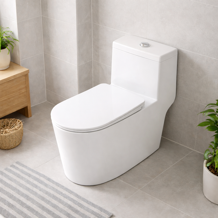 Luxury One-Piece Western Toilet | Glossy Floor Mounted WC with PP Cover | Approx. 28 × 16 × 21 Inches