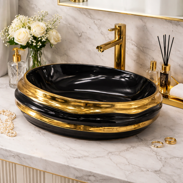 Luxury ceramic Oval Table Top Wash Basin | Black Glossy Basin with Gold Accents (22″ × 15″ × 6″ IN)