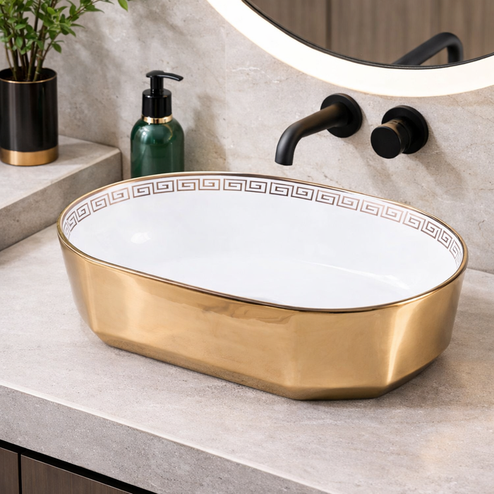 Luxury Oval Table Top Wash Basin | Rose Gold Finish | Designer Ceramic Basin (22″ × 13″ × 6″ IN)