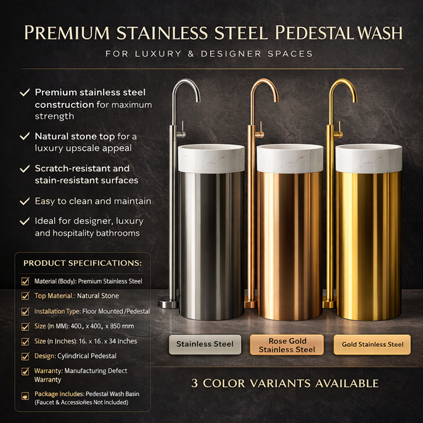 Premium Stainless Steel Pedestal Wash Basin with Natural Stone Top (16 x 16 x 34 In) Grey
