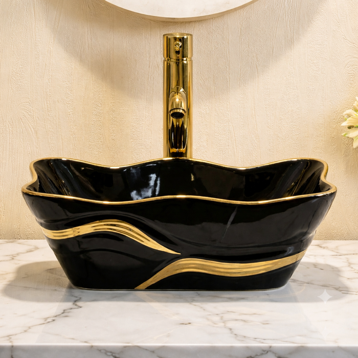 Premium Designer Ceramic Table Top Wash Basin, White & Black with Gold Glossy (20 x 15 x 6 In) Black