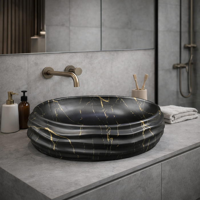 Glossy Marble Oval Countertop Wash Basin | (22" × 14.5" × 6.1" IN) Matt Marble Black