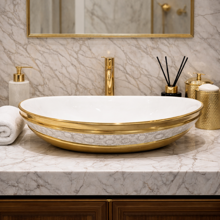 Luxury Gold Detailing Countertop Wash Basin | Designer Table Top Bathroom Basin (24" × 14" × 6" IN) White Gold with Print