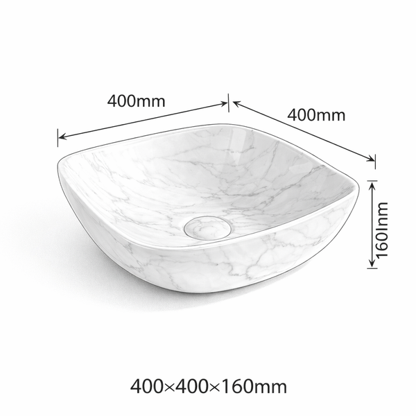 Premium Designer Ceramic Table Top Wash Basin, Glossy Marble Finish (16 x 16 x 6.5 In) EQP-1054