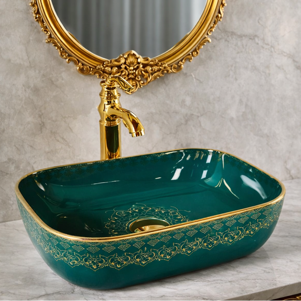 Green & Gold Designer Countertop Wash Basin | 18 × 13 × 5 Inch Luxury Bathroom Basin