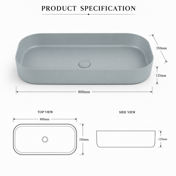 Bassino Modern Melamine Wash Basin | Stylish Countertop Wash Basin for Bathroom–800x350x125 mm Grey