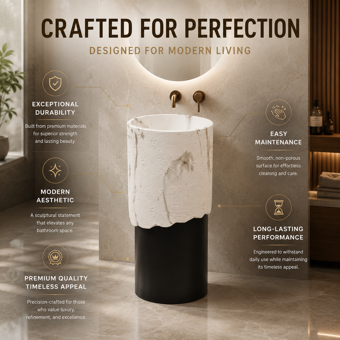Bassino Artificial Stone Pedestal Basin | Size- 16×16×34 Inch | Black