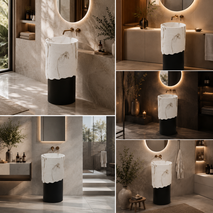 Bassino Artificial Stone Pedestal Basin | Size- 16×16×34 Inch | Black