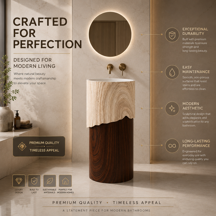 Bassino Artificial Stone Pedestal Basin | Size- 16×16×34 Inch | Brown